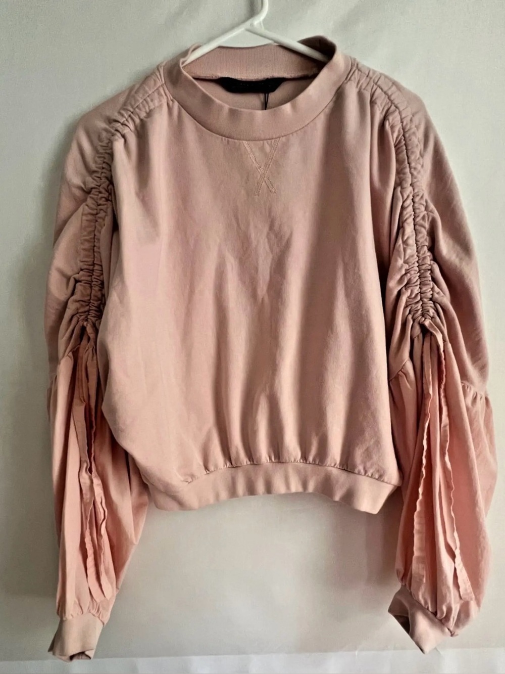 Zara Pink Long Sleeve Tie Sleeve Sweater Top Large Crew Neck